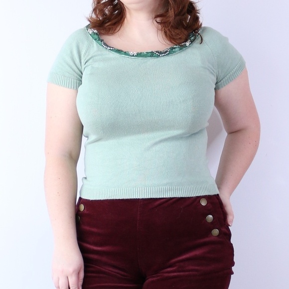 Anthropologie RARE Beaded Jewel Wide Neck Sweater Green by HWR - Picture 2 of 7